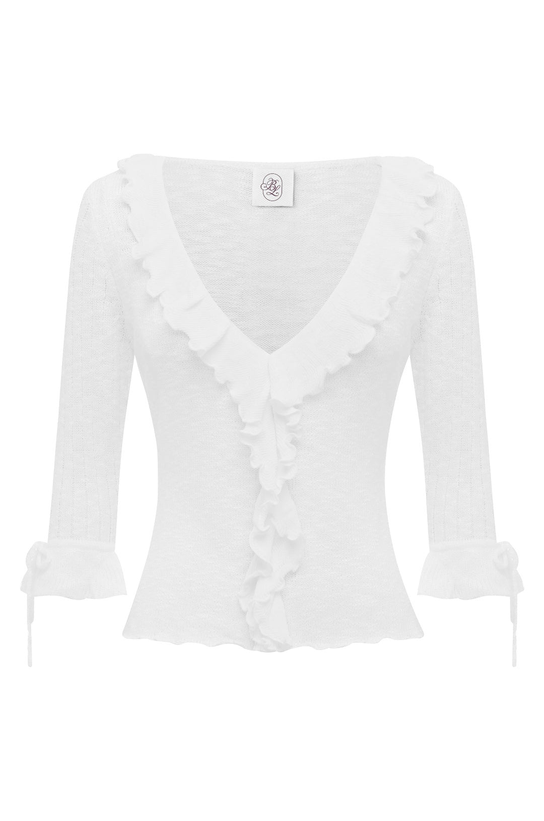Women's Blue Ruffle Knit Crop Top – Square Neck, Ribbed, ¾ Sleeve